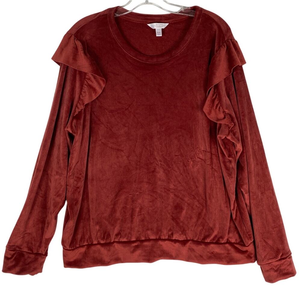 LC Lauren Conrad Ruffle Velvet Long Sleeve Top Womens XXL Rust Romantic Feminine